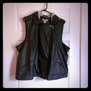 Black Hooded Faux Leather Vest